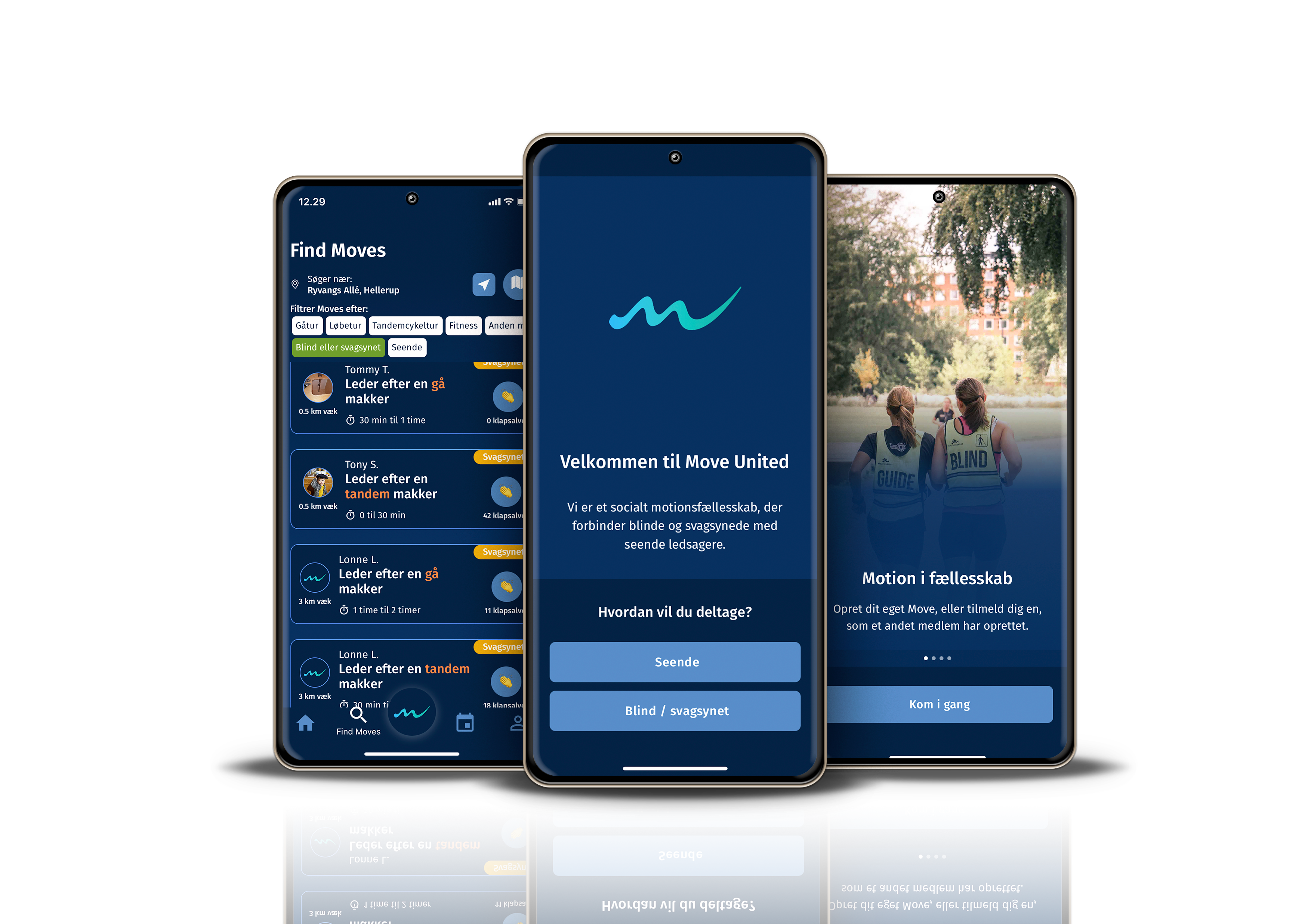 Tre sidestillede mobiltelefoner der viser forskellige funktioner i Move United appen