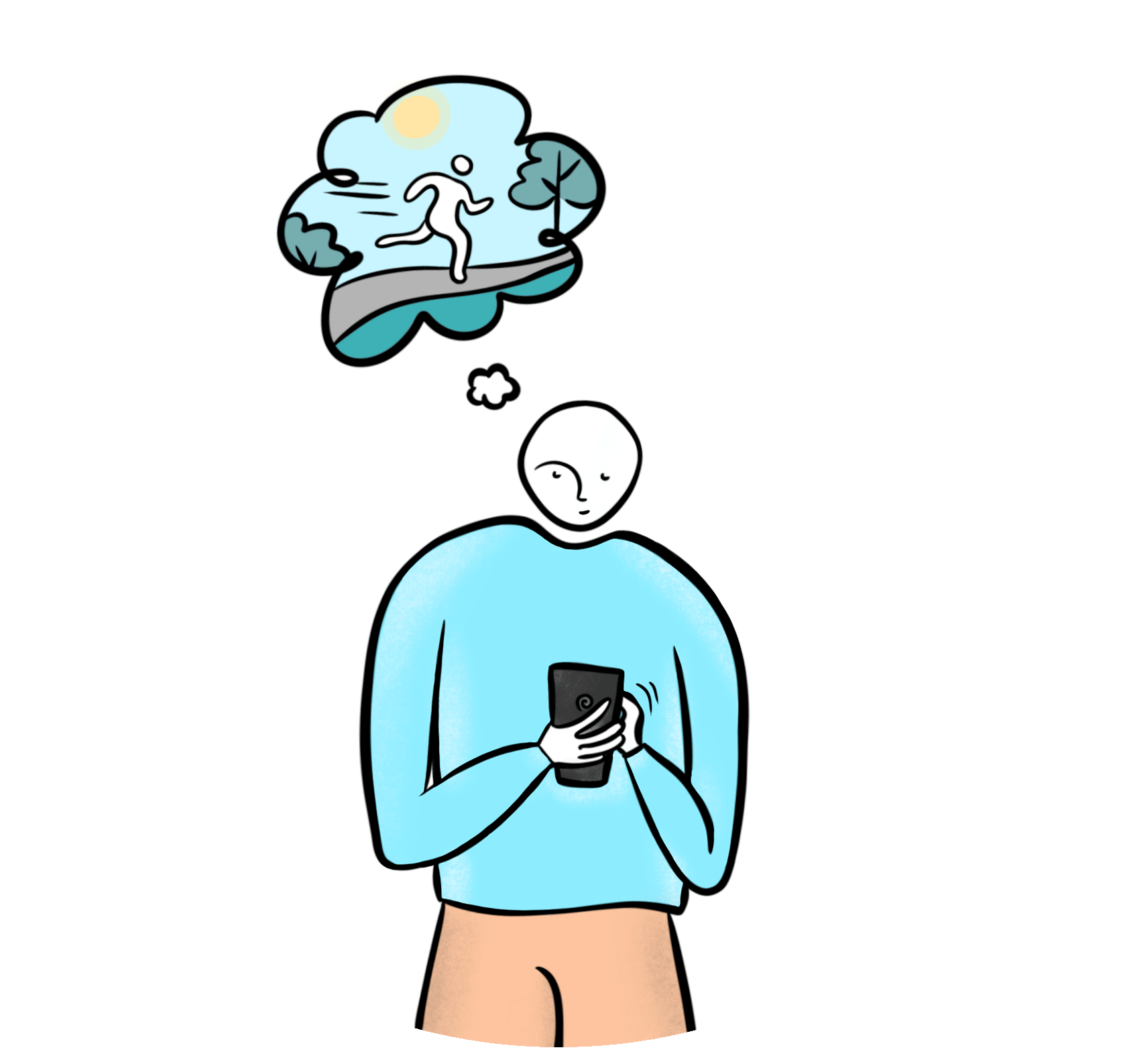 En person der står med sin telefon i hånden og en talebobel fortæller os han drømmer om at komme ud i det gode vejr og dyrke motion